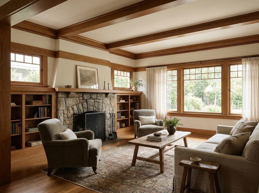 Representative Pasadena furnished Craftsman living space in soft natural light