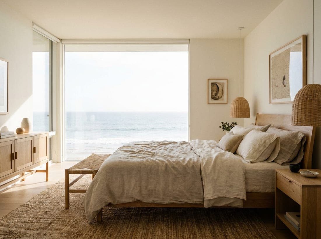 Representative Santa Monica furnished bedroom in bright coastal tones