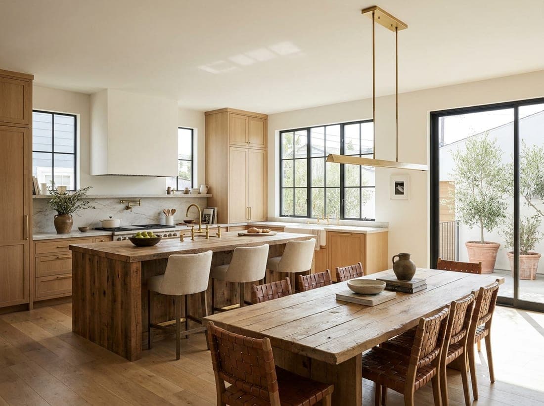 Representative Venice furnished kitchen and dining area with warm wood finishes